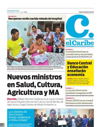 Portada Periódico El Caribe, Jueves 10 de Mayo 2018