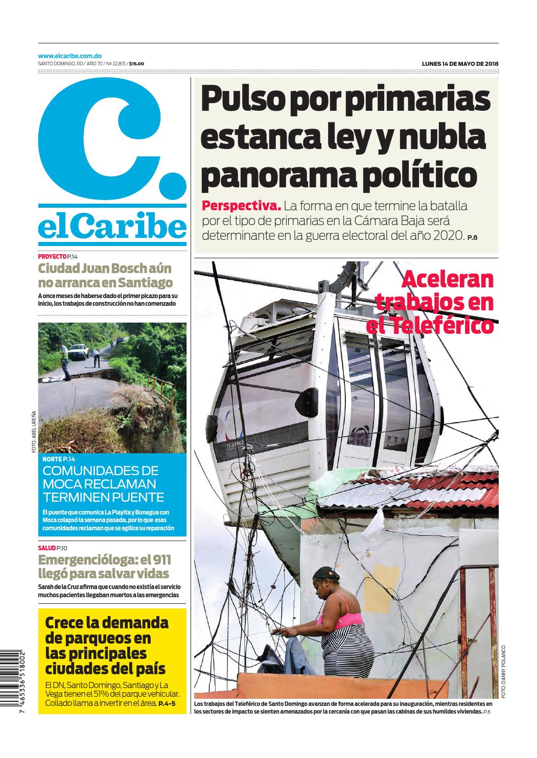 Portada Periódico El Caribe, Lunes 14 de Mayo 2018