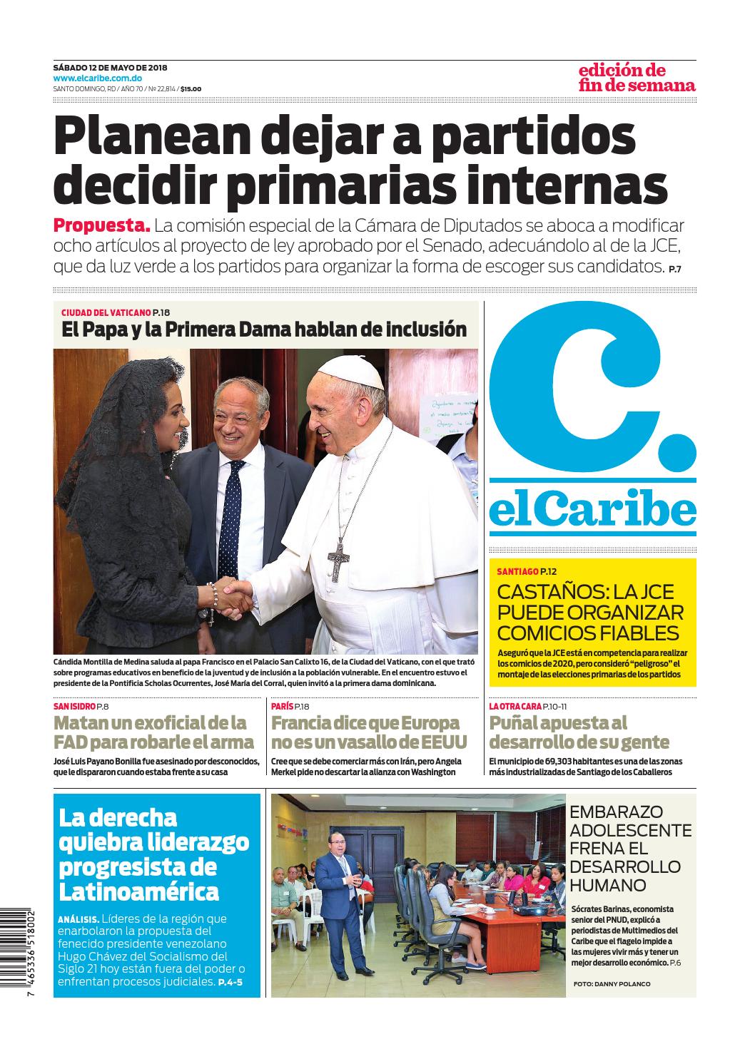 Portada Periódico El Caribe, Sábado 12 de Mayo 2018