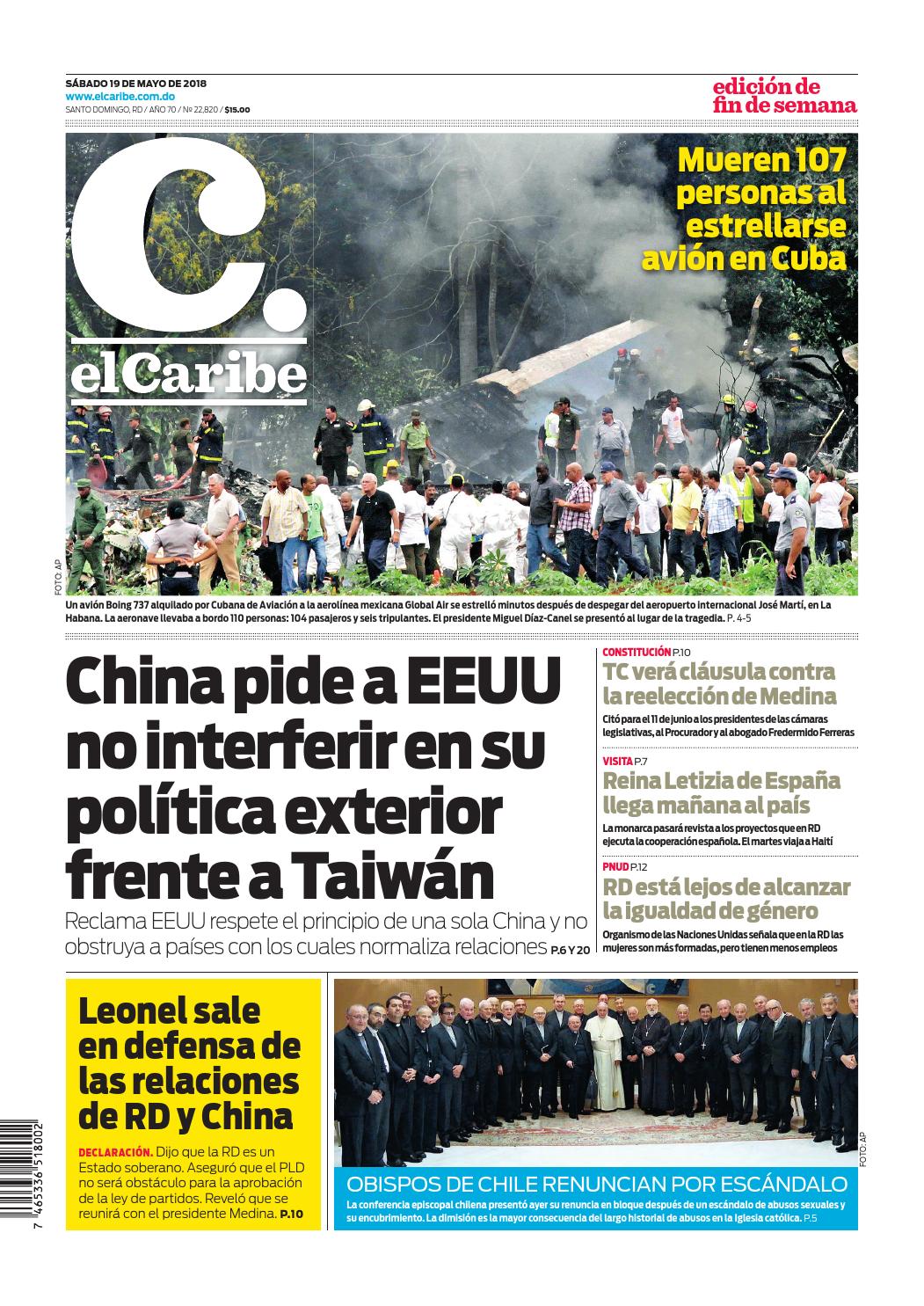 Portada Periódico El Caribe, Sábado 19 de Mayo 2018