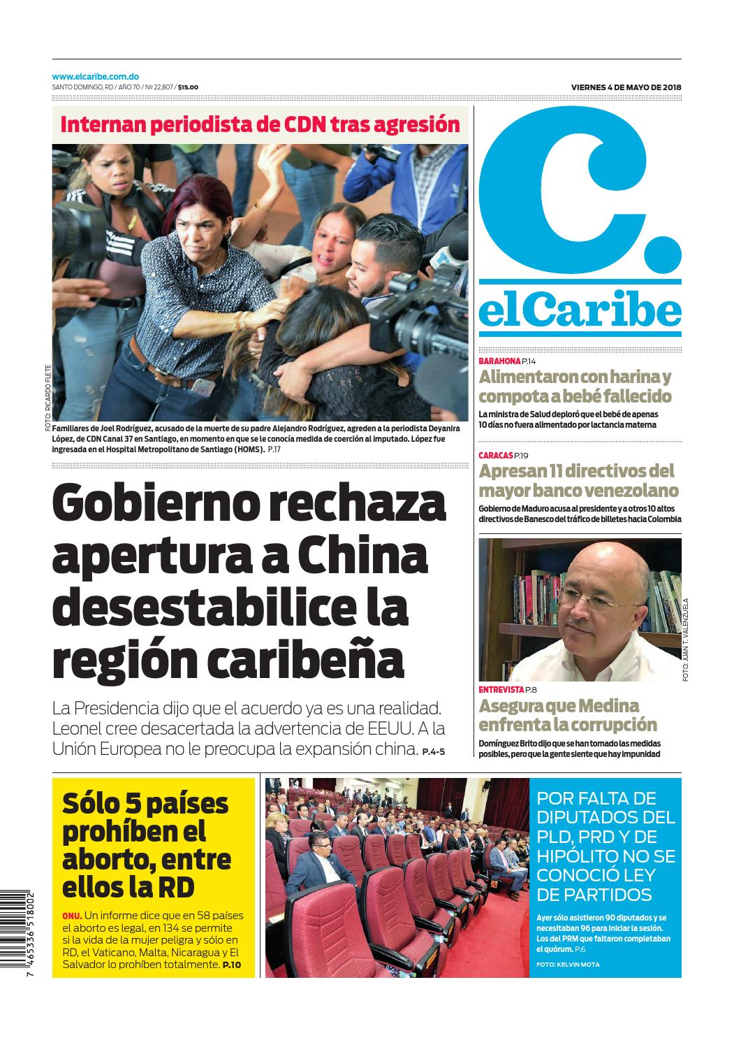 Portada Periódico El Caribe, Viernes 04 de Mayo 2018