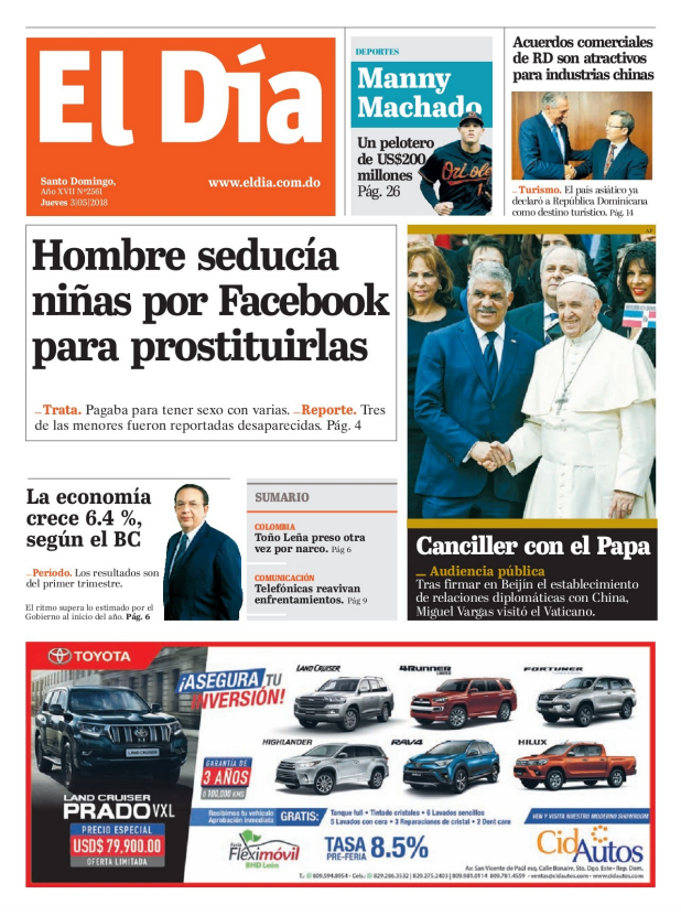 Portada Periódico El Día, Jueves 03 de Mayo 2018