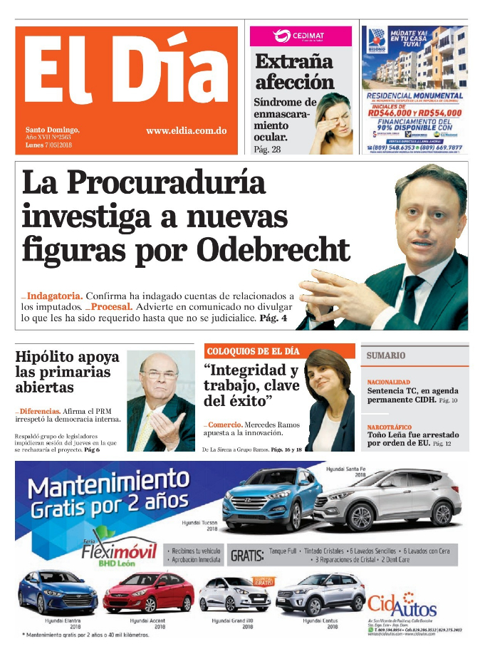 Portada Periódico El Día, Lunes 07 de Mayo 2018