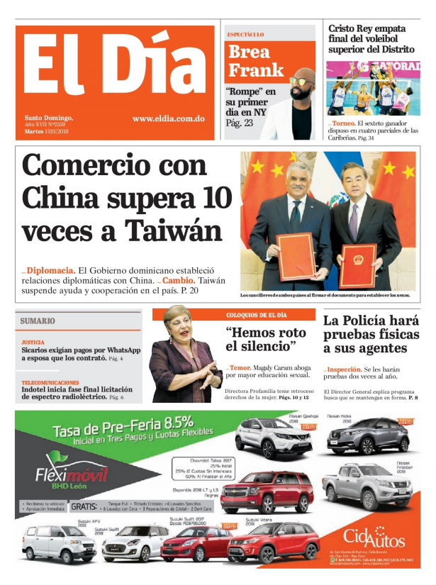 Portada Periódico El Día, Martes 01 de Mayo 2018