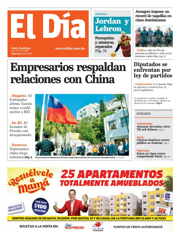 Portada Periódico El Día, Miércoles 02 de Mayo 2018