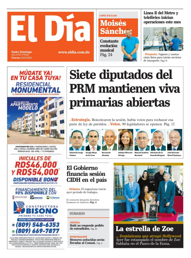 Portada Periódico El Día, Viernes 04 de Mayo 2018