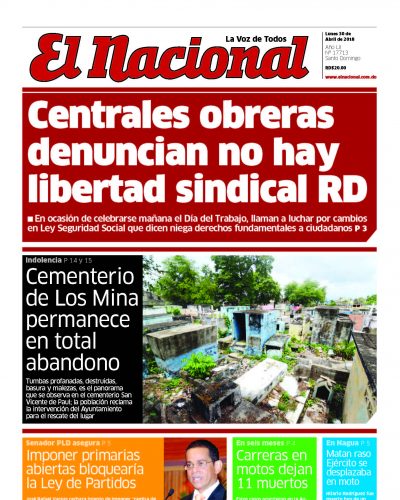 Portada Periódico El Nacional, Lunes 30 de Abril 2018
