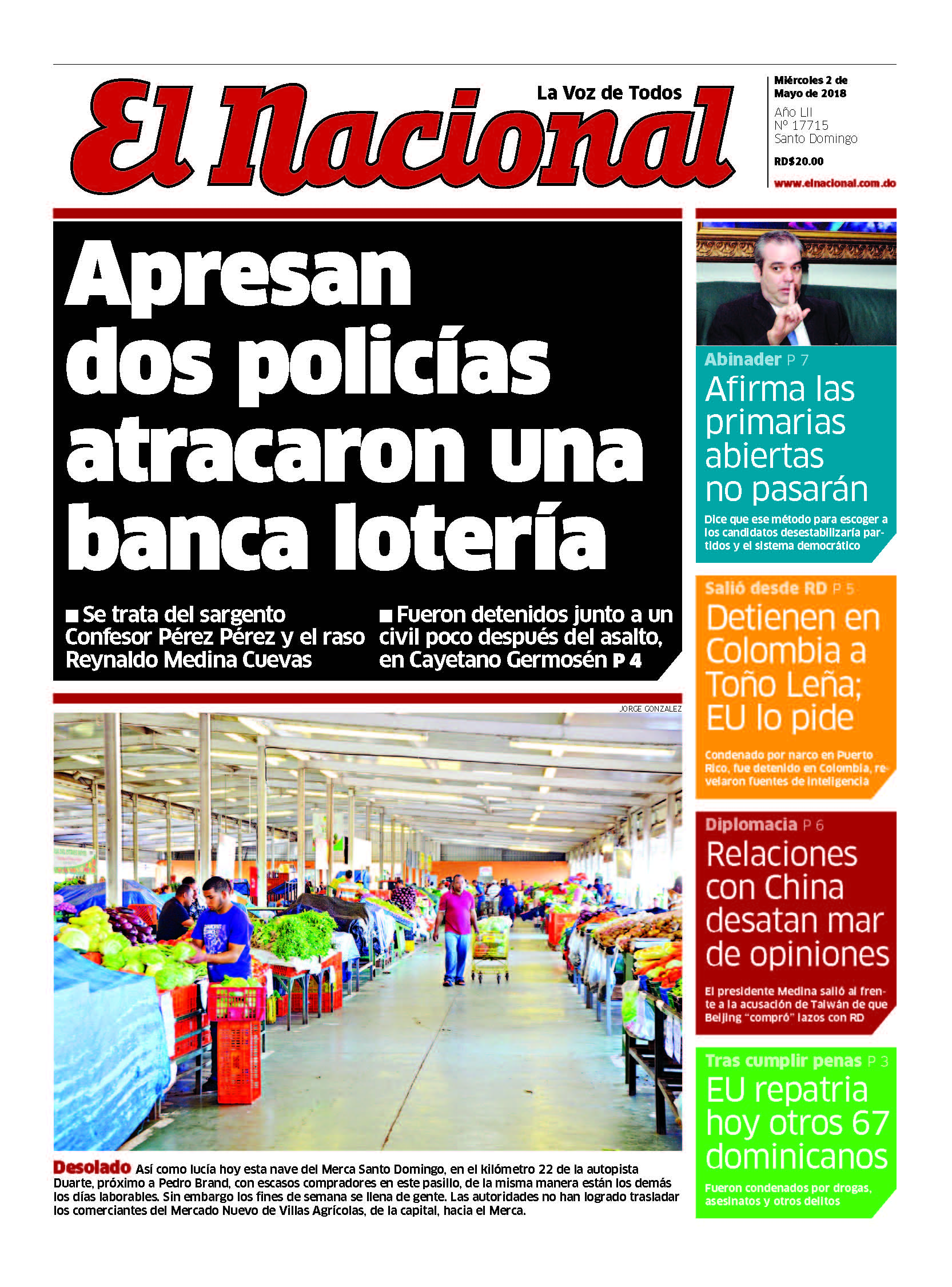 Portada Periódico El Nacional, Miércoles 02 de Mayo 2018