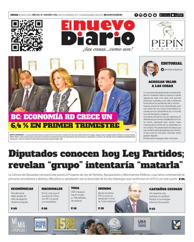 Portada Periódico El Nuevo Diario, Jueves 03 de Mayo 2018