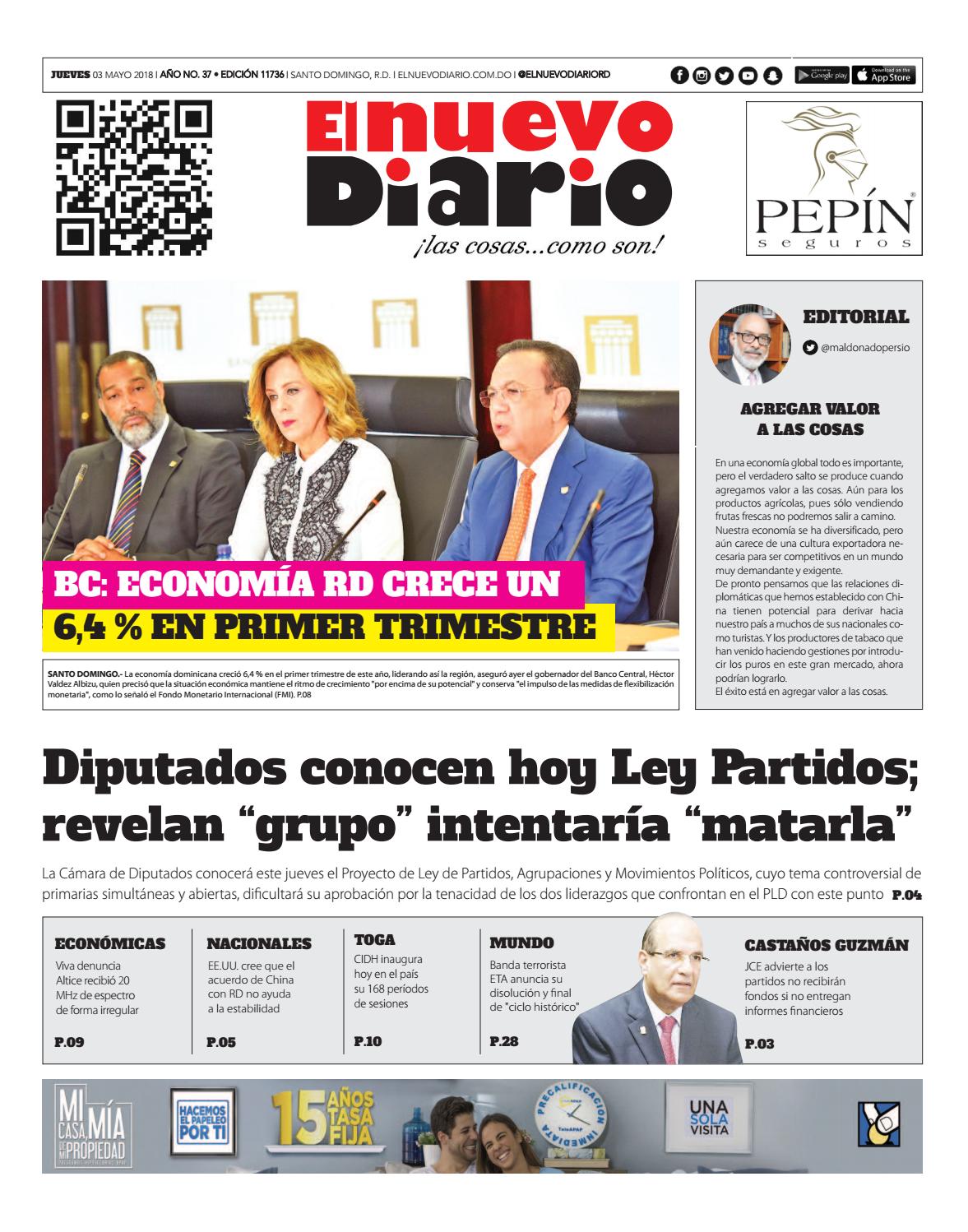 Portada Periódico El Nuevo Diario, Jueves 03 de Mayo 2018
