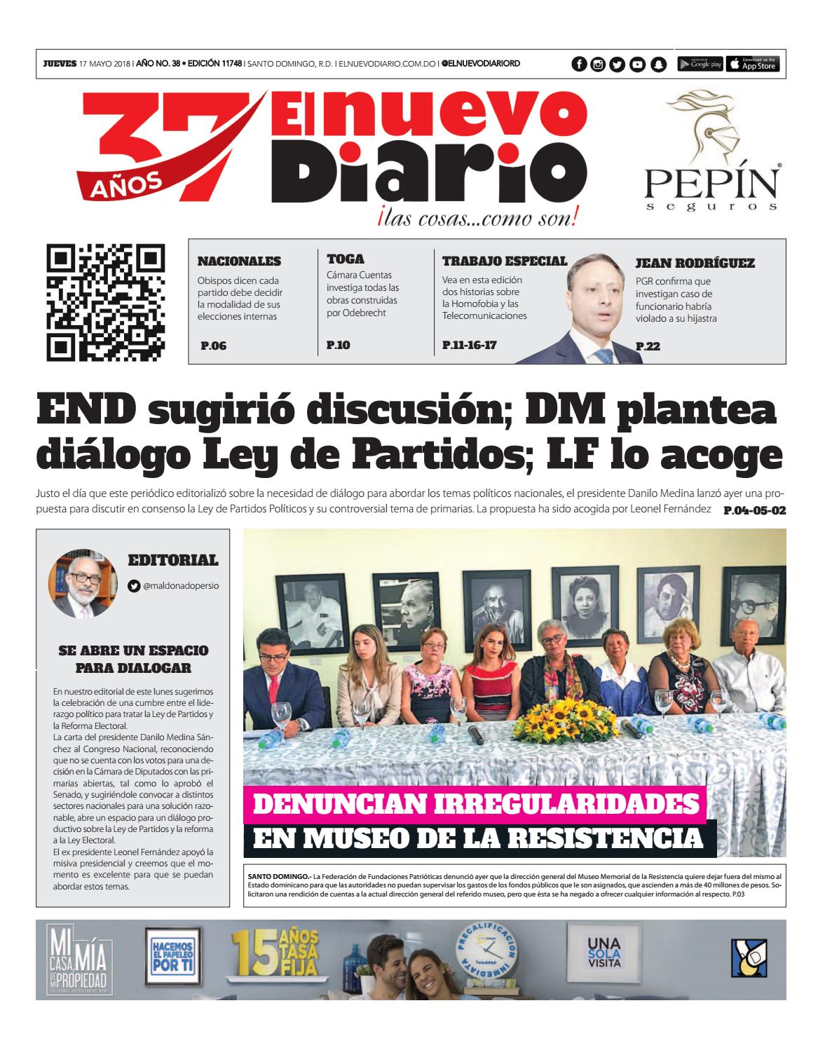 Portada Periódico El Nuevo Diario, Jueves 17 de Mayo 2018