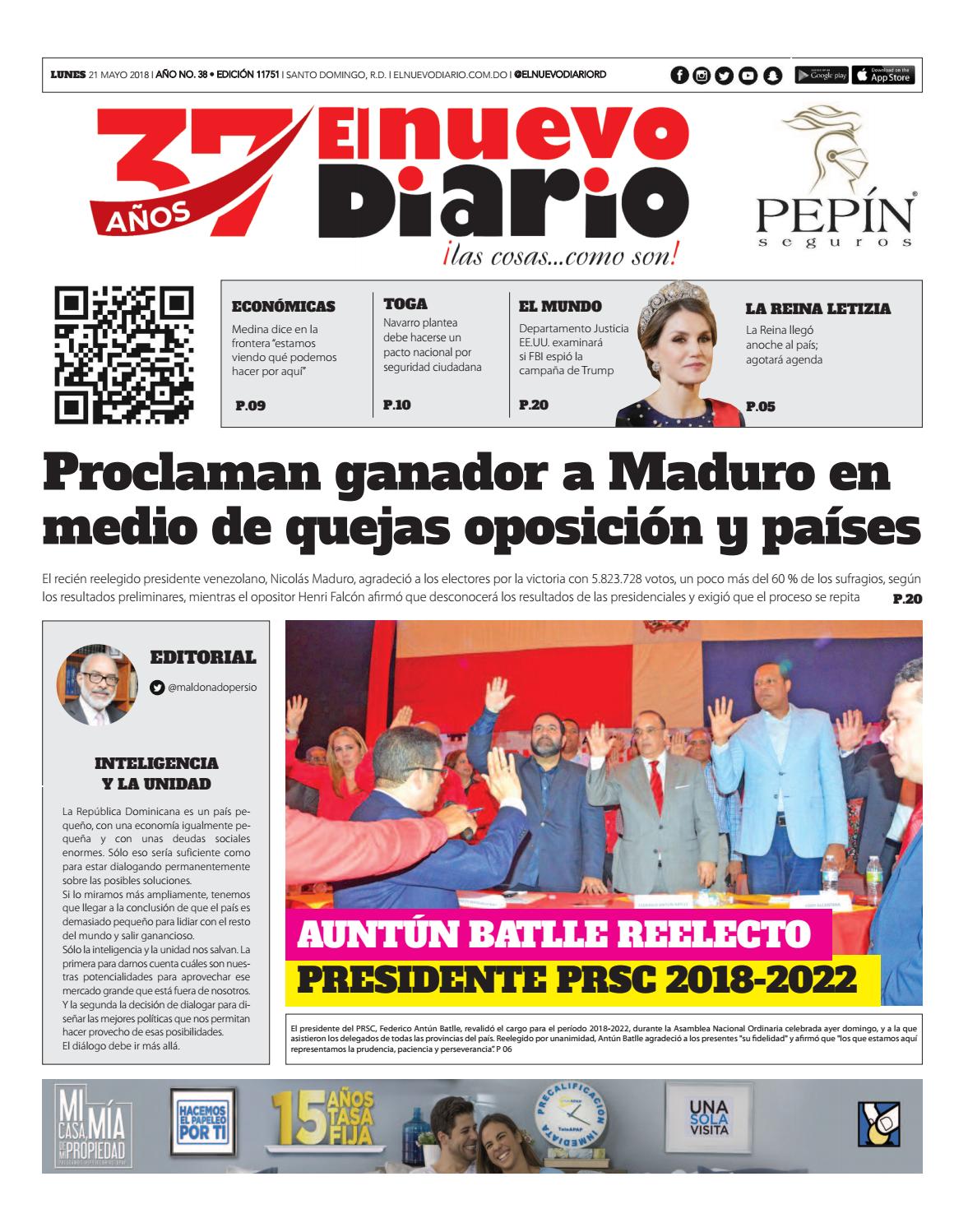 Portada Periódico El Nuevo Diario, Lunes 21 de Mayo 2018