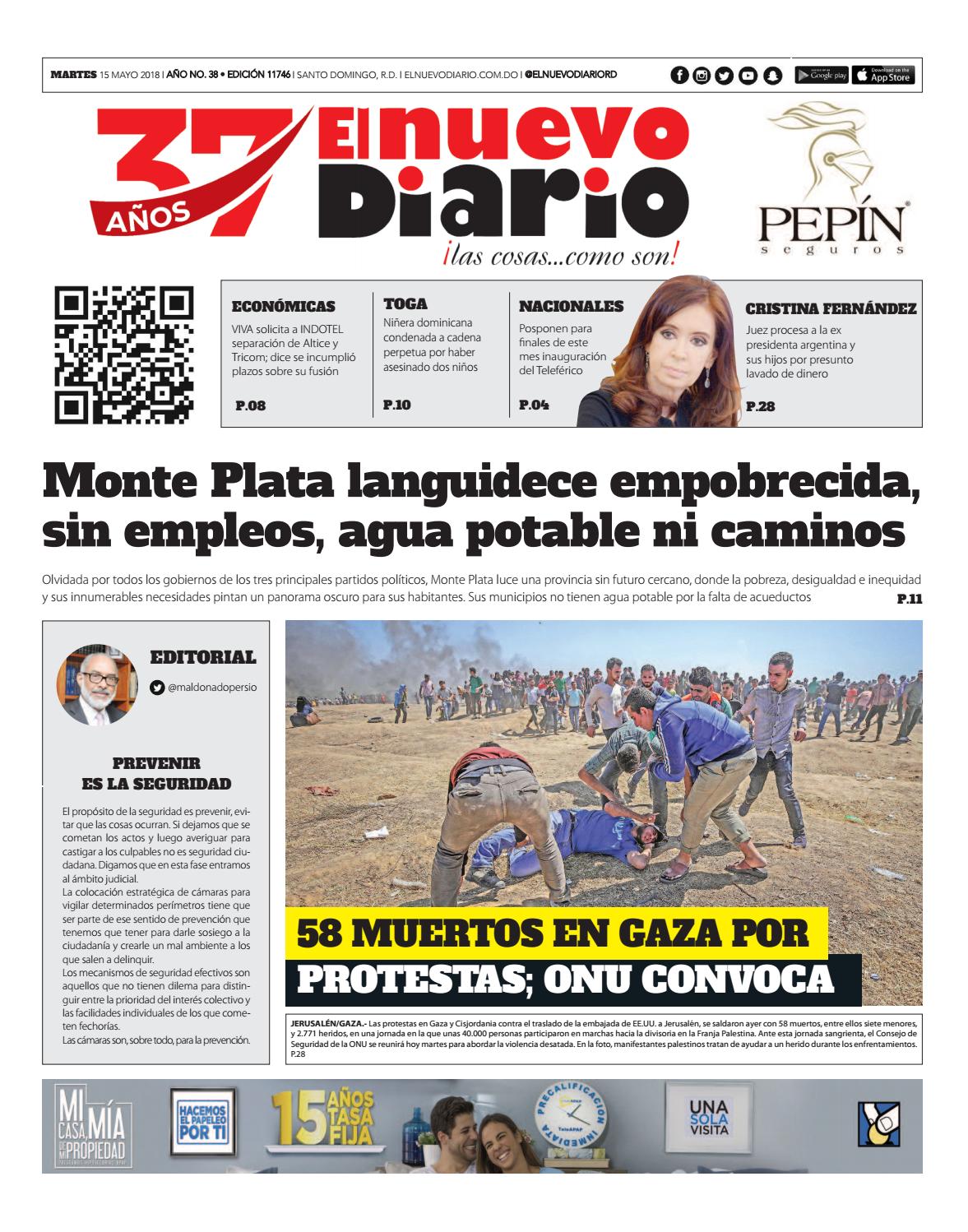 Portada Periódico El Nuevo Diario, Martes 15 de Mayo 2018