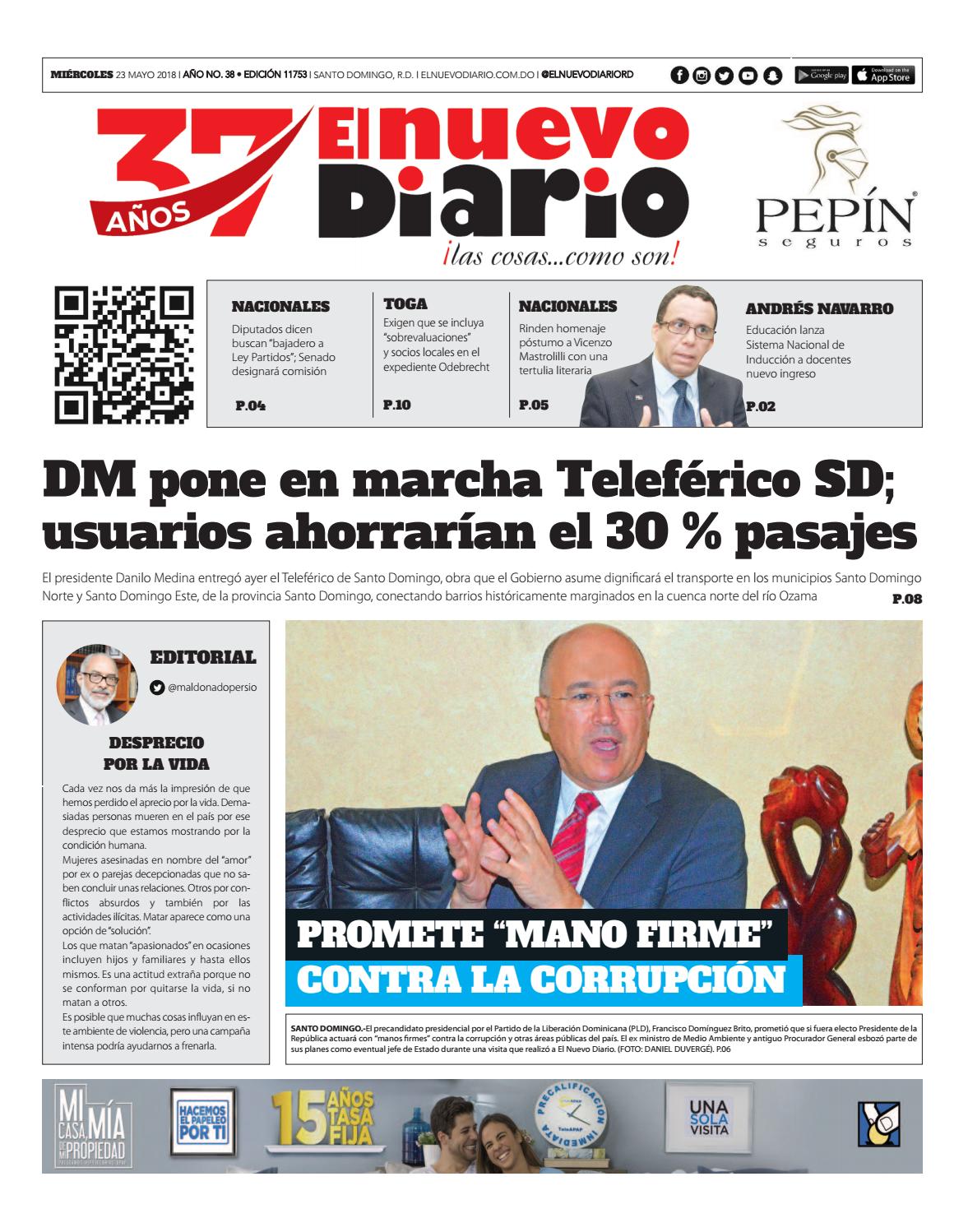 Portada Periódico El Nuevo Diario, Miércoles 23 de Mayo 2018