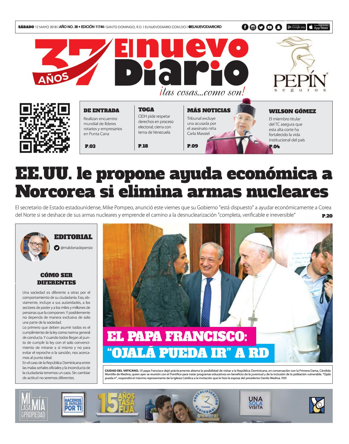 Portada Periódico El Nuevo Diario, Sábado 12 de Mayo 2018