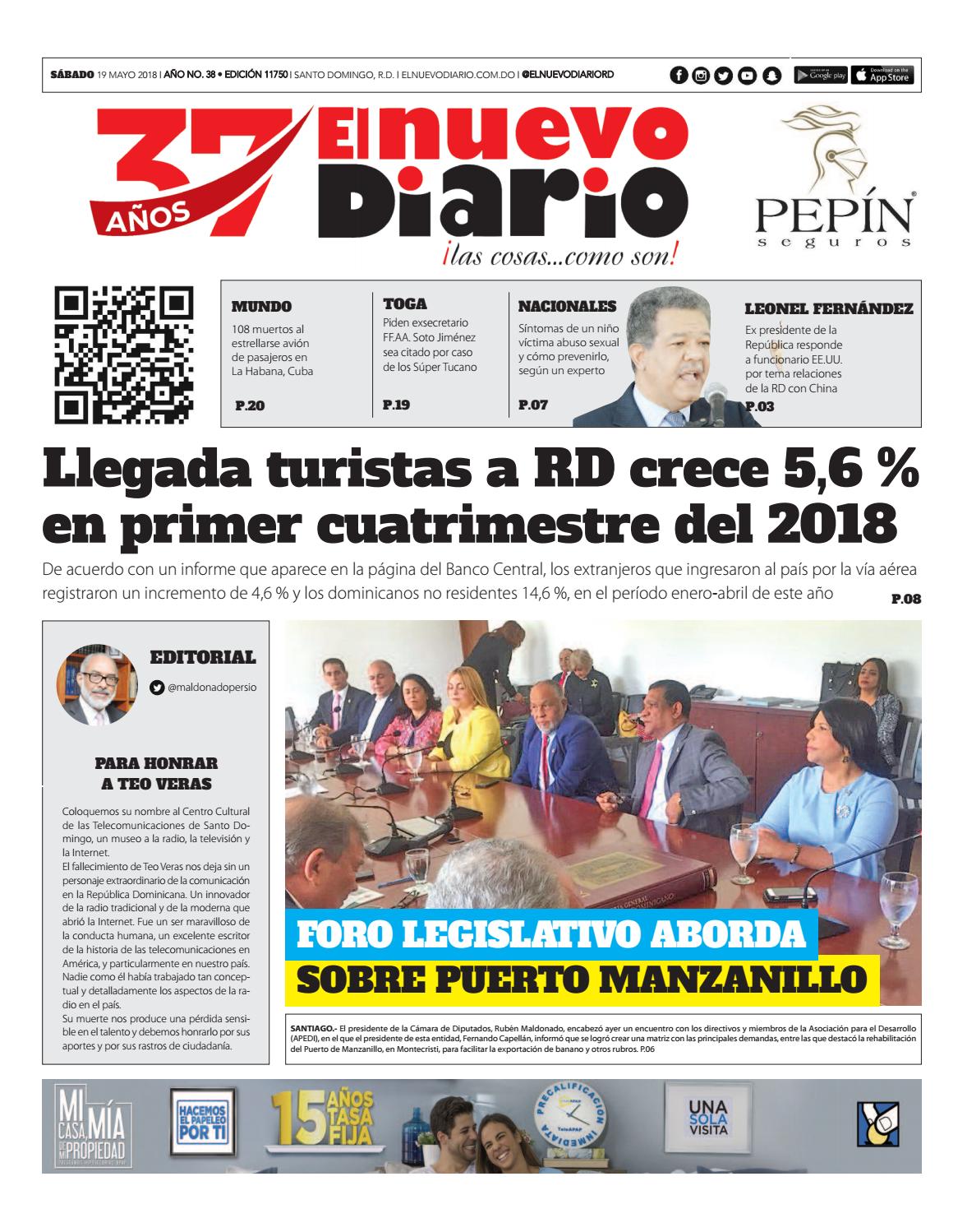 Portada Periódico El Nuevo Diario, Sábado 19 de Mayo 2018