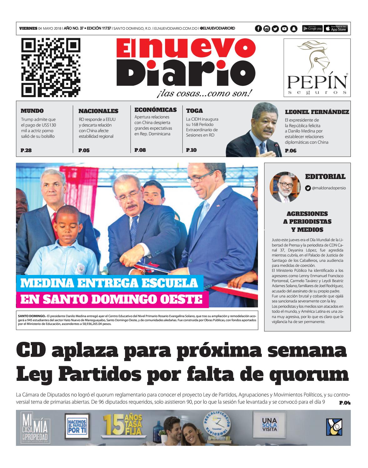 Portada Periódico El Nuevo Diario, Viernes 04 de Mayo 2018