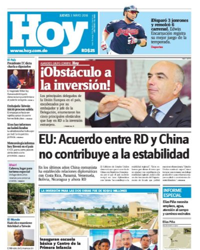 Portada Periódico Hoy, Jueves 03 de Mayo 2018