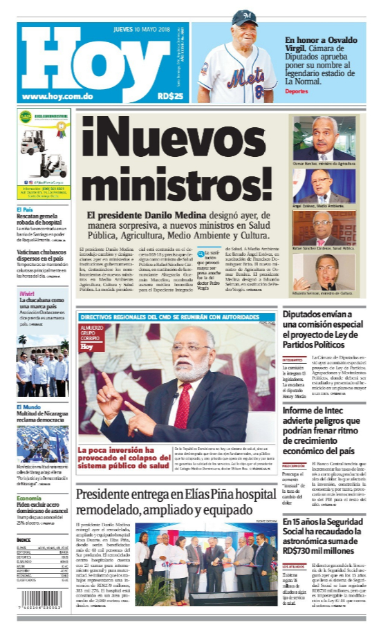 Portada Periódico Hoy, Jueves 10 de Mayo 2018