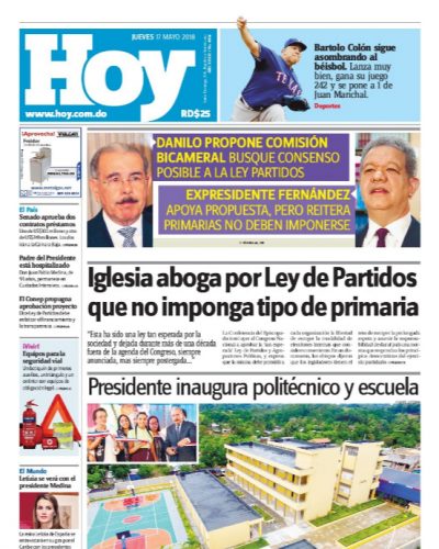Portada Periódico Hoy, Jueves 17 de Mayo 2018