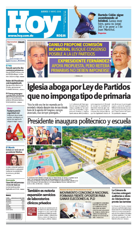 Portada Periódico Hoy, Jueves 17 de Mayo 2018