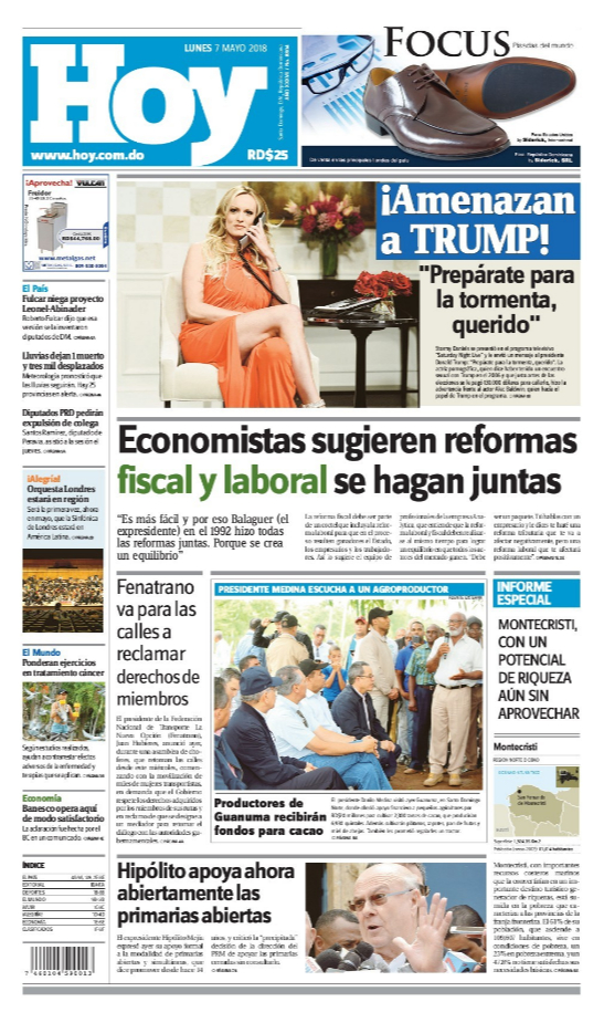 Portada Periódico Hoy, Lunes 07 de Mayo 2018