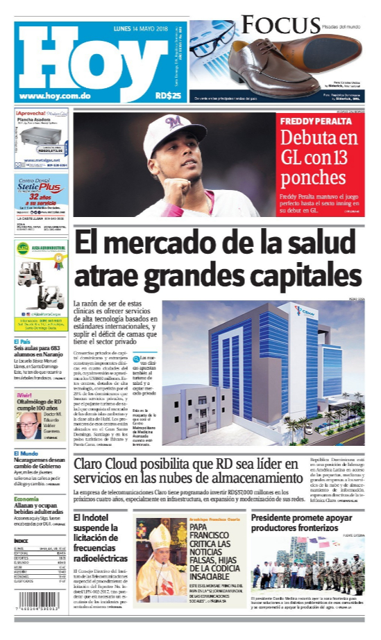 Portada Periódico Hoy, Lunes 14 de Mayo 2018