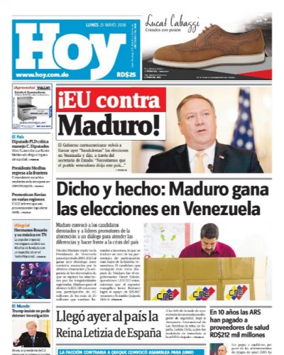 Portada Periódico Hoy, Lunes 21 de Mayo 2018