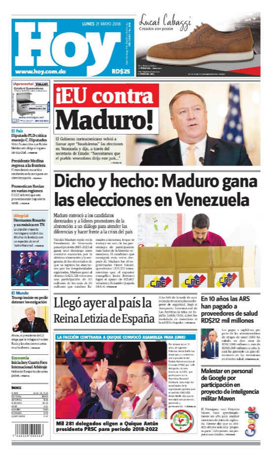 Portada Periódico Hoy, Lunes 21 de Mayo 2018