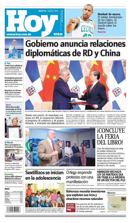 Portada Periódico Hoy, Martes 01 de Mayo 2018