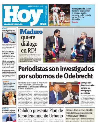 Portada Periódico Hoy, Martes 08 de Mayo 2018