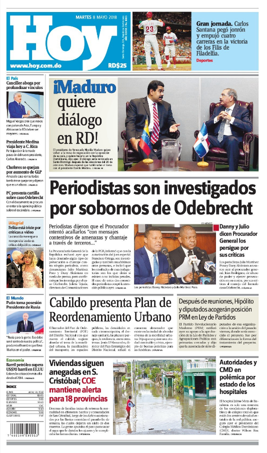 Portada Periódico Hoy, Martes 08 de Mayo 2018