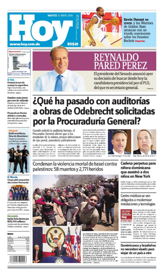 Portada Periódico Hoy, Martes 15 de Mayo 2018