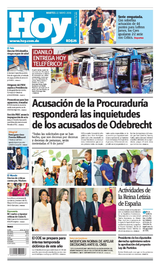 Portada Periódico Hoy, Martes 22 de Mayo 2018