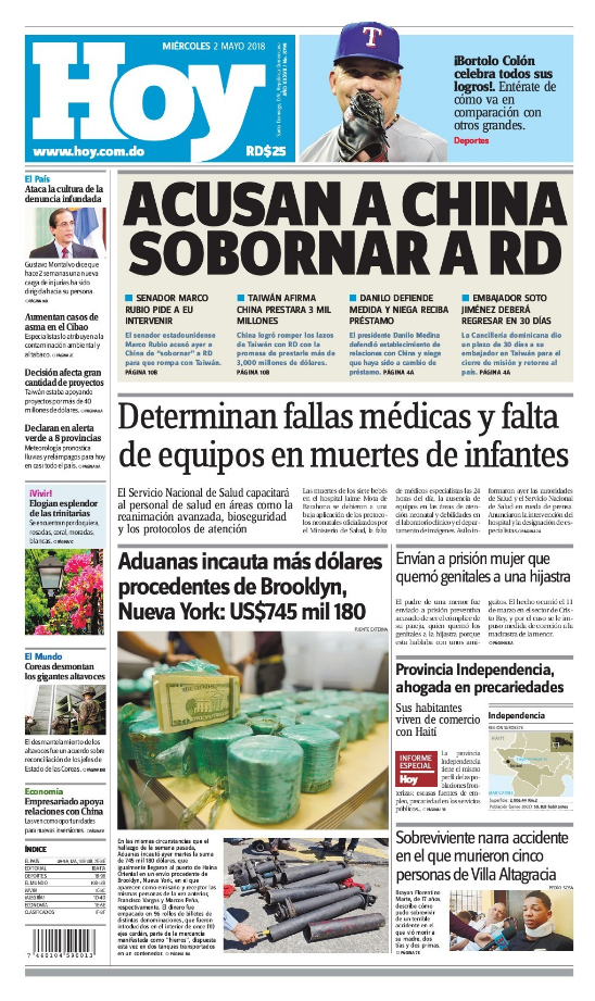 Portada Periódico Hoy, Miércoles 02 de Mayo 2018