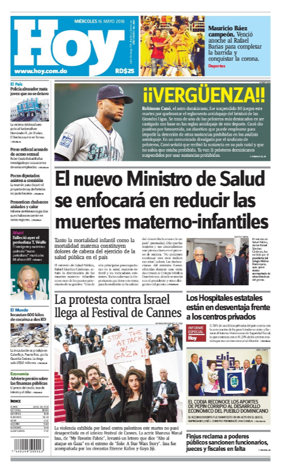 Portada Periódico Hoy, Miércoles 16 de Mayo 2018