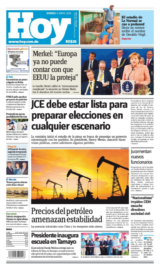 Portada Periódico Hoy, Viernes 11 de Mayo 2018