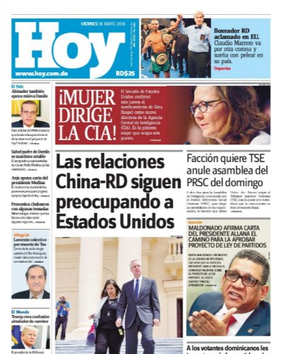 Portada Periódico Hoy, Viernes 18 de Mayo 2018