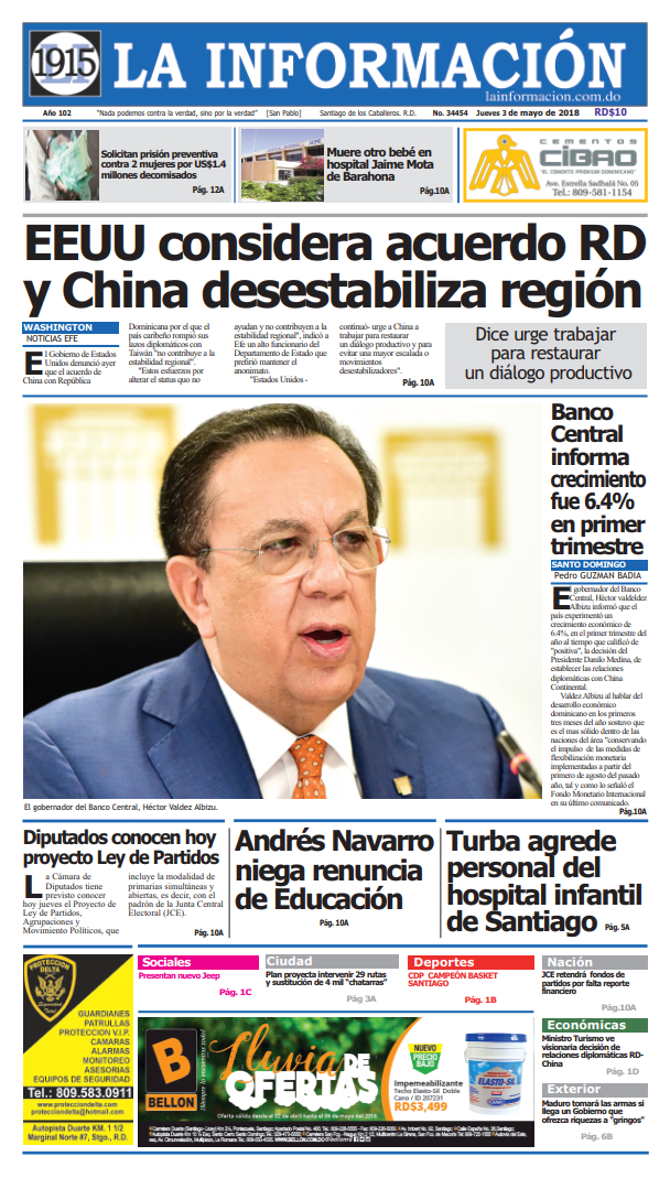 Portada Periódico La Información, Jueves 03 de Mayo 2018