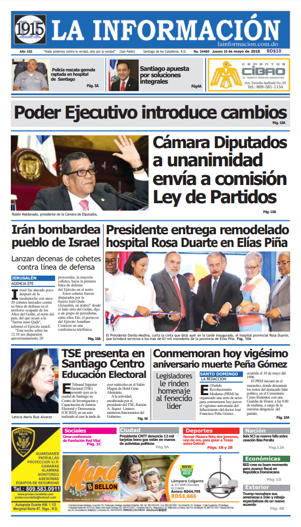 Portada Periódico La Información, Jueves 10 de Mayo 2018