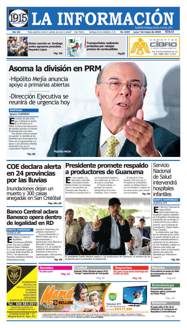 Portada Periódico La Información, Lunes 07 de Mayo 2018