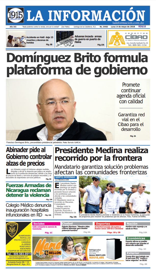 Portada Periódico La Información, Lunes 14 de Mayo 2018