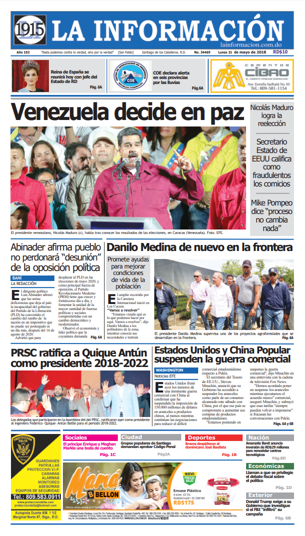 Portada Periódico La Información, Lunes 21 de Mayo 2018