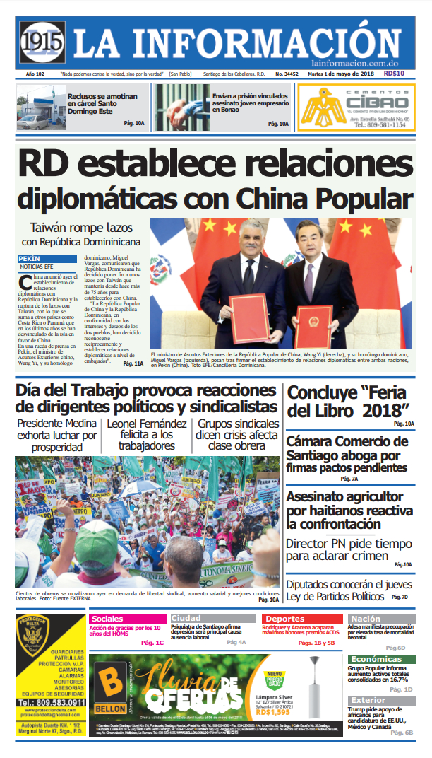 Portada Periódico La Información, Martes 01 de Mayo 2018