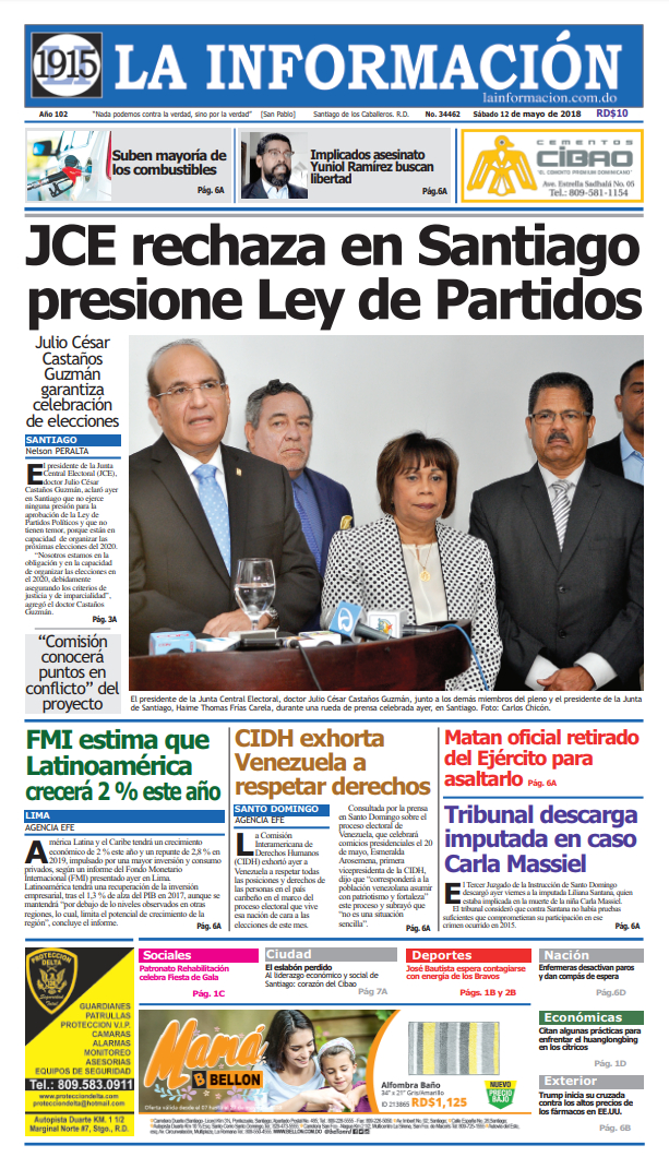 Portada Periódico La Información, Sábado 12 de Mayo 2018