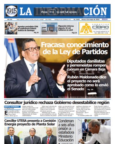 Portada Periódico La Información, Viernes 04 de Mayo 2018