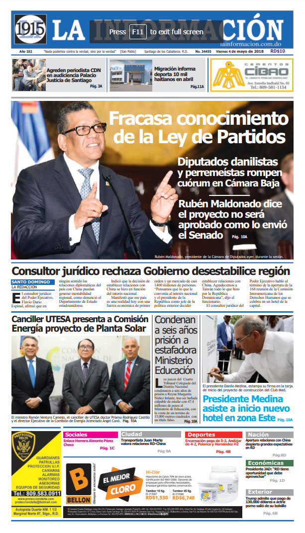 Portada Periódico La Información, Viernes 04 de Mayo 2018