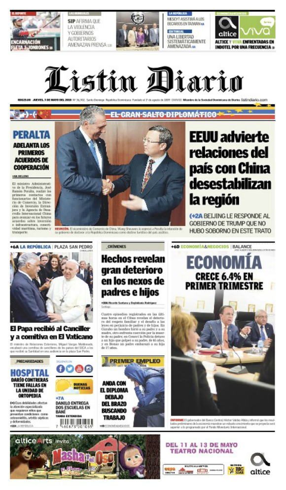 Portada Periódico Listín Diario, Jueves 03 de Mayo 2018