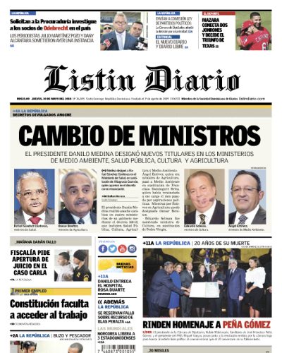 Portada Periódico Listín Diario, Jueves 10 de Mayo 2018