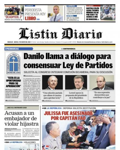 Portada Periódico Listín Diario, Jueves 17 de Mayo 2018